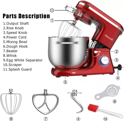 HOWORK Robot Pâtissier 1500W - 6 Vitesses Pétrin Professionnel avec Bol 8L - Rouge