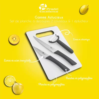 Pradel Excellence - Astucieux, Ensemble Coutellerie Set Planche A Decouper + 2 Couteaux + Eplucheur Boite