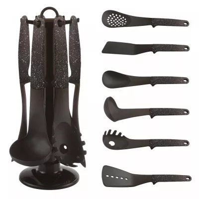 Cheffinger CF-UT03: Set d'ustensiles 6 pièces avec support rotatif - Noir