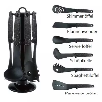 Cheffinger CF-UT03: Set d'ustensiles 6 pièces avec support rotatif - Noir