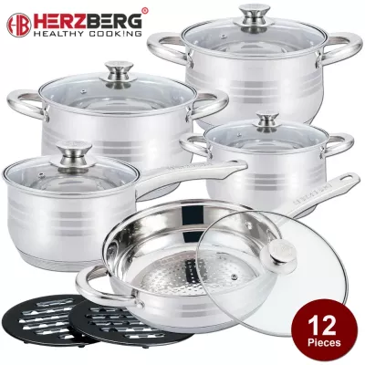 Herzberg Batterie de Cuisine 12 Pièces en Acier Inoxydable