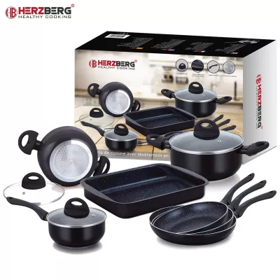 Herzberg Batterie de cuisine enduite de marbre 10 pièces - Noir