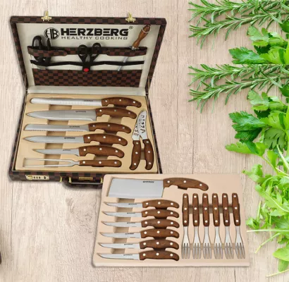 Herzberg HG-K25LB: Set de 25 pièces de couteaux et de couverts avec mallette de transport