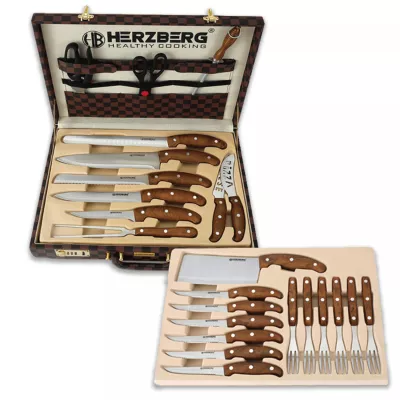 Herzberg HG-K25LB: Set de 25 pièces de couteaux et de couverts avec mallette de transport