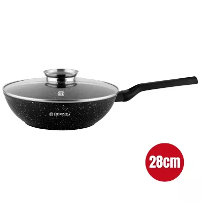 Herzog HR-2617: Wok à Revêtement en Marbre de 28cm Avec Couvercle en Verre à Bouton Aromatique