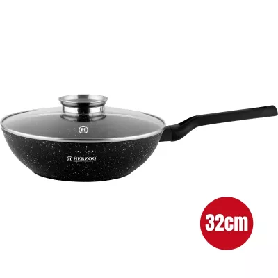 Herzog HR-2618 : Wok à Revêtement en Marbre de 32cm Avec Couvercle en Verre à Bouton Aromatique