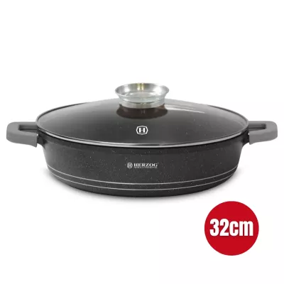 Herzog HR-5213: Cocotte peu Profonde Recouverte de Marbre de 32cm Avec Bouton Aromatique - 6.1L