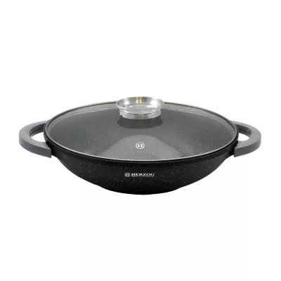 Herzog HR-5229: Wok à Revêtement en Marbre de 32 cm Avec Bouton Aromatique Avec Couvercle en Verre - 4.3L