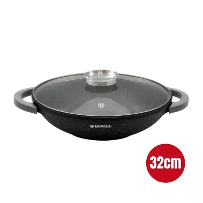 Herzog HR-5229: Wok à Revêtement en Marbre de 32 cm Avec Bouton Aromatique Avec Couvercle en Verre - 4.3L