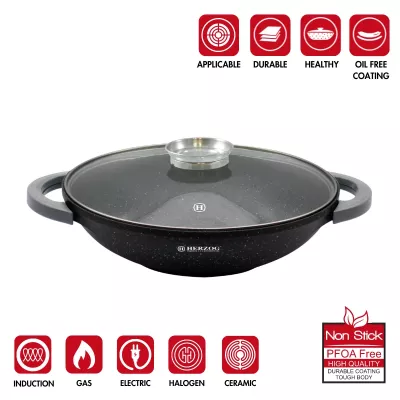 Herzog HR-5229: Wok à Revêtement en Marbre de 32 cm Avec Bouton Aromatique Avec Couvercle en Verre - 4.3L