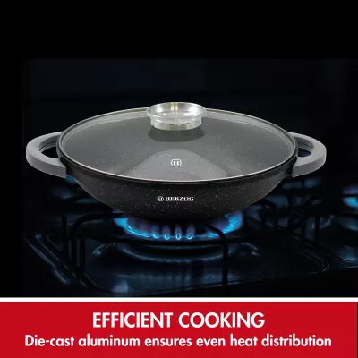 Herzog HR-5229: Wok à Revêtement en Marbre de 32 cm Avec Bouton Aromatique Avec Couvercle en Verre - 4.3L