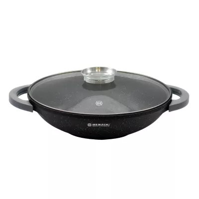 Herzog HR-5230 : Wok à Revêtement en Marbre de 36 cm Avec Bouton D'arôme de Couvercle en Verre - 6.2 L