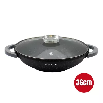 Herzog HR-5230 : Wok à Revêtement en Marbre de 36 cm Avec Bouton D'arôme de Couvercle en Verre - 6.2 L